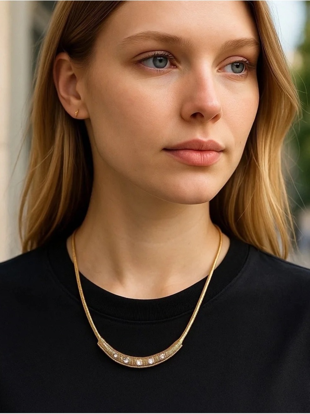 Anthropologie | Crystal Ribbed Snake Chain Collar Necklace Gold